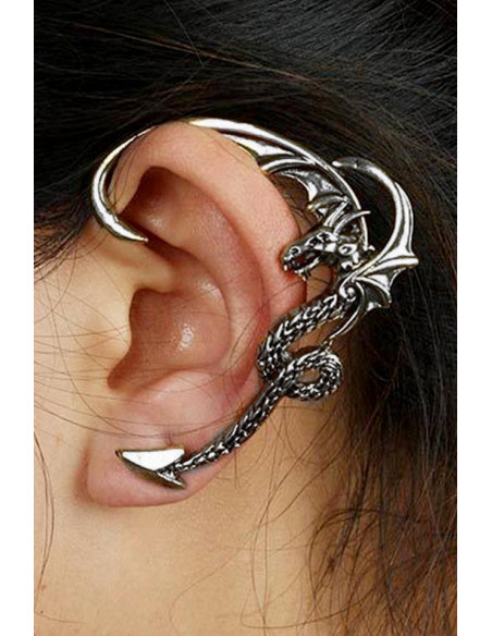 Cercel tip ear cuff, model cu dragon cu aripi incovoiate pe toata urechea, prindere in ureche