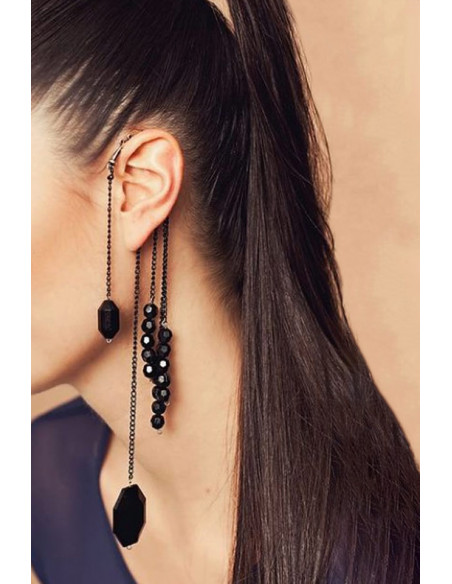 Cercel ear cuff lung, cu cristale negre, tip candelabru