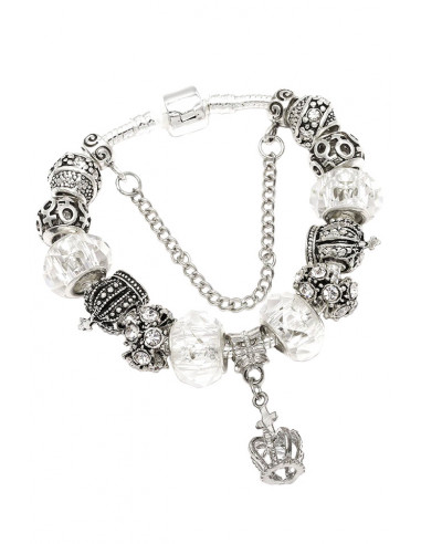 Bratara tip Pandora placata cu argint, coroane, cristale si margele fatetate