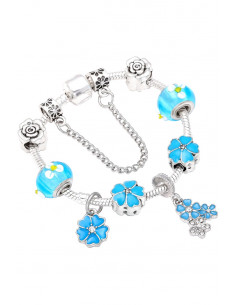 Bratara tip Pandora placata cu argint, trandafiri, buchetel de flori si margele de Murano