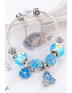 Bratara tip Pandora placata cu argint, trandafiri, buchetel de flori si margele de Murano 2