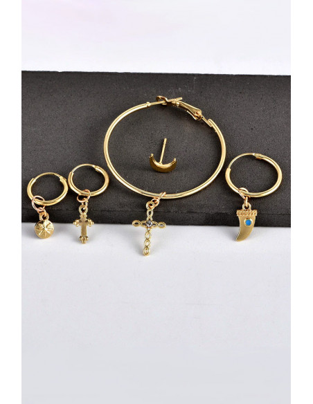 Set de cinci cercei eleganti, cercuri mari cu cruciulite, colt si semiluna
