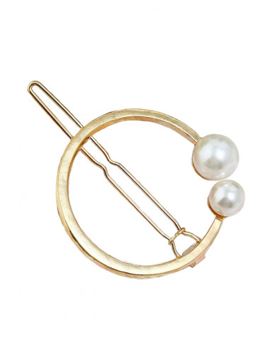 Agrafa pentru par aurie, model cu cerc si doua perle albe