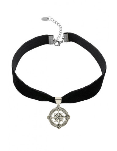 Colier choker din catifea neagra, cu medalion Roza Vanturilor