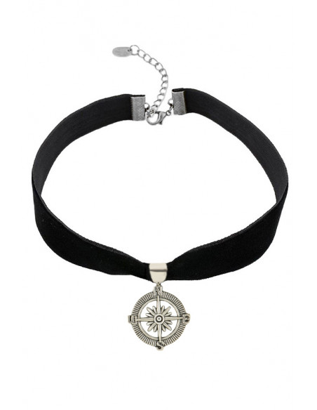 Colier choker din catifea neagra, cu medalion Roza Vanturilor