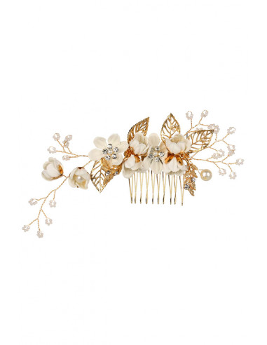 Pieptene de par din fir delicat impletit cu flori textile, cristale, frunze si perle