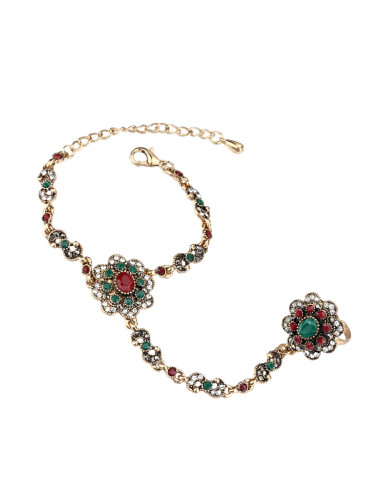 Bratara arabeasca cu inel, medalioane florale cu cristale colorate si hematite