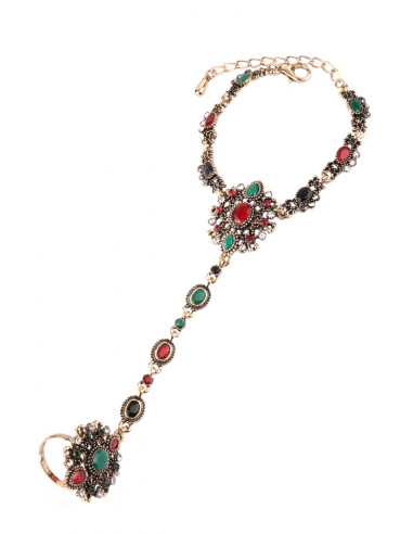 Bratara arabeasca cu inel, medalioane florale mari cu cristale colorate