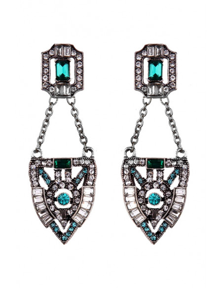 Cercei vintage Emerald Shield, cu cristale dreptunghiulare verzi