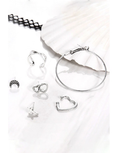 Set cercei si ear cuff cu inimioare, cruce, semiluna si inel mare