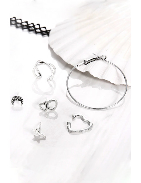 Set cercei si ear cuff cu inimioare, cruce, semiluna si inel mare
