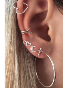 Set cercei si ear cuff cu inimioare, cruce, semiluna si inel mare