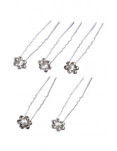 Set 5 agrafe de par pentru mireasa, flori rotunde cu cristale si perla in centru 2