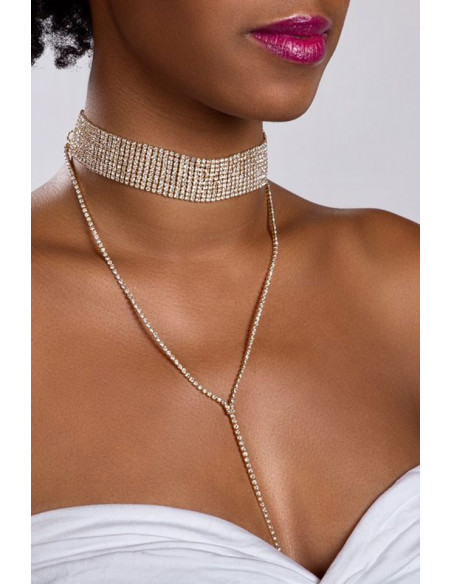 Choker lat luxury, din siruri de cristale, cu fir lung pe decolteu