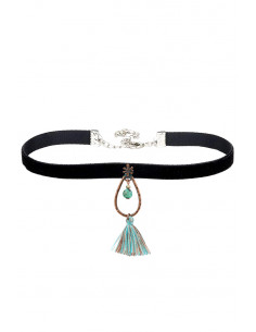 Colier choker bohemian, panglica de catifea ingusta, cu medalion bronz cu canaf 2