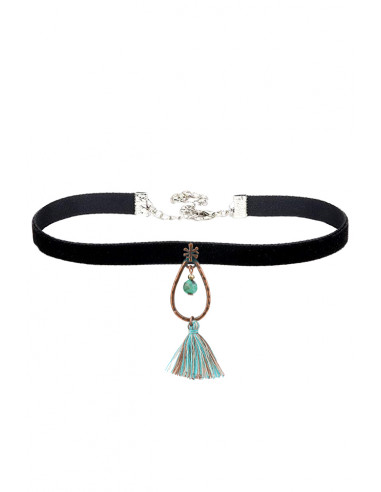 Colier choker bohemian, panglica de catifea ingusta, cu medalion bronz cu canaf