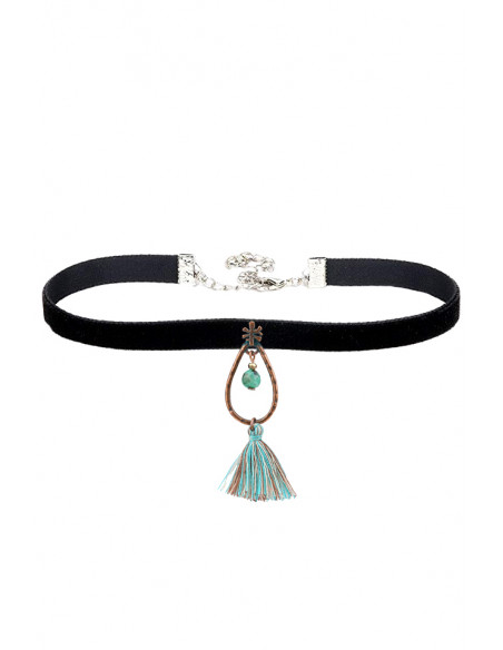 Colier choker bohemian, panglica de catifea ingusta, cu medalion bronz cu canaf