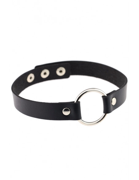 Colier choker din piele ecologica, cu inel mare argintiu