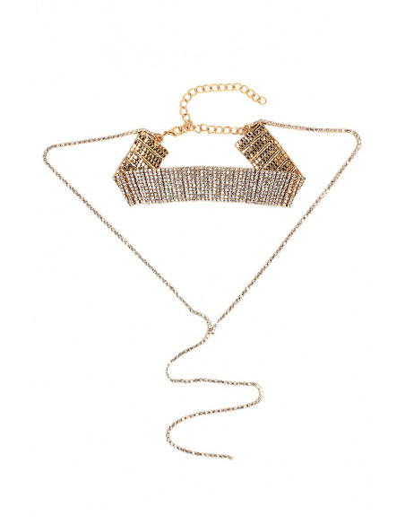 Choker lat luxury, din siruri de cristale, cu fir lung pe decolteu