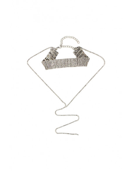 Choker lat luxury, din siruri de cristale, cu fir lung pe decolteu