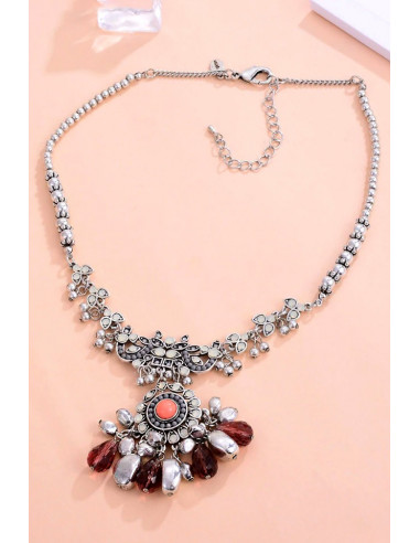 Set colier si cercei statement, medalion floral cu cristale si margelute mari mov