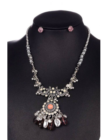 Set colier si cercei statement, medalion floral cu cristale si margelute mari mov