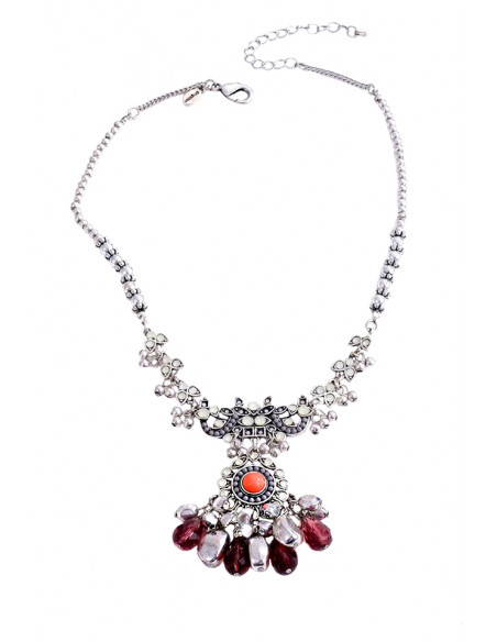Set colier si cercei statement, medalion floral cu cristale si margelute mari mov