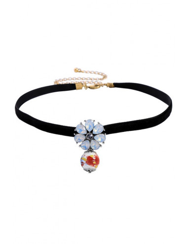 Colier choker minimal, panglica de catifea ingusta, cu floare din cristale si margica pictata