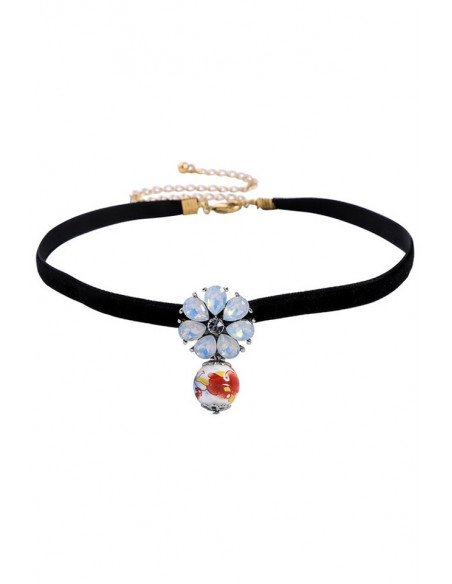 Colier choker minimal, panglica de catifea ingusta, cu floare din cristale si margica pictata