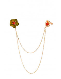Cercel tip ear cuff, doua flori colorate cu doua lantisoare