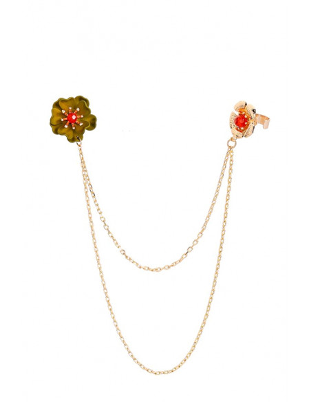Cercel tip ear cuff, doua flori colorate cu doua lantisoare