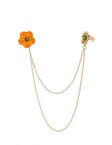 Cercel tip ear cuff, doua flori colorate cu doua lantisoare