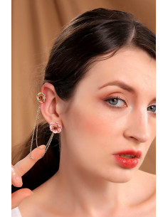 Cercel tip ear cuff, doua flori colorate cu doua lantisoare 2