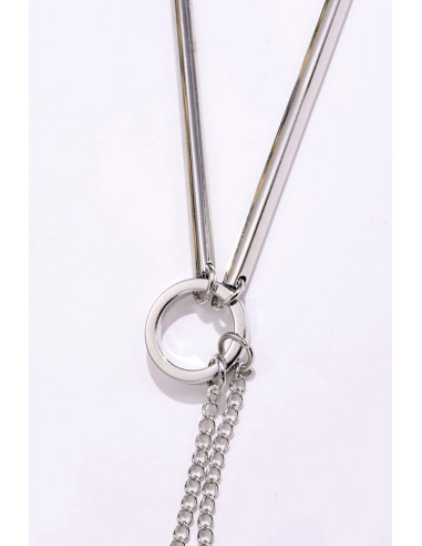 Colier elegant, lantisor cu 2 tije metalice si canafi din piele eco