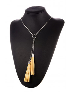 Colier elegant, lantisor cu 2 tije metalice si canafi din piele eco
