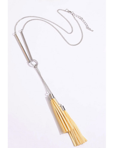 Colier elegant, lantisor cu 2 tije metalice si canafi din piele eco