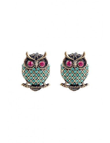 Cercei eleganti, Jade Owls, cu cristale mici verzi si roz