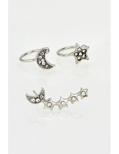 Set cercel si ear cuff cu stelute si semiluni cu cristale mici