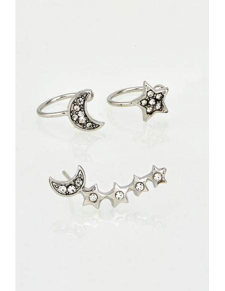 Set cercel si ear cuff cu stelute si semiluni cu cristale mici