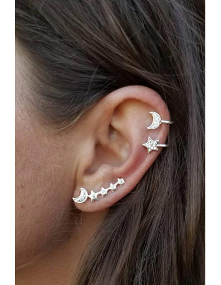 Set cercel si ear cuff cu stelute si semiluni cu cristale mici