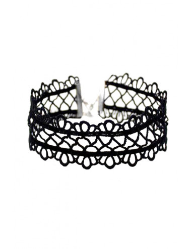 Colier choker lat, din dantela neagra de matase inflorata