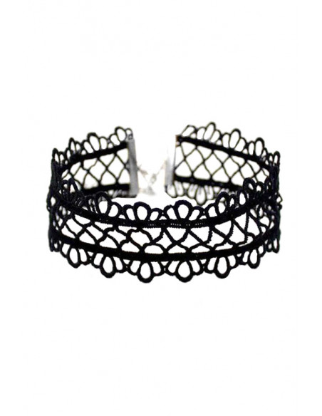 Colier choker lat, din dantela neagra de matase inflorata
