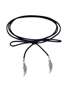 Colier choker din piele infasurat pe gat, cu aripi metalice in capete 2