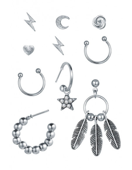 Set cercei si ear cuff cu inimioara, pene, fulgere si semiluna
