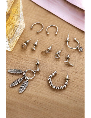 Set cercei si ear cuff cu inimioara, pene, fulgere si semiluna