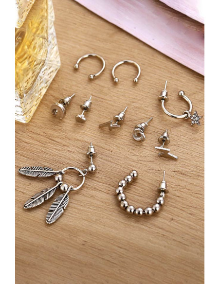 Set cercei si ear cuff cu inimioara, pene, fulgere si semiluna