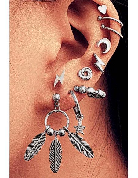 Set cercei si ear cuff cu inimioara, pene, fulgere si semiluna