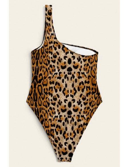 Costum de baie intreg, sold inalt si abdomen decupat, imprimeu leopard