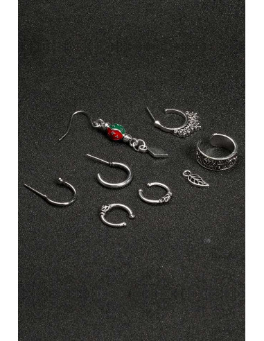 Set cercei si ear cuff cu medalion rotund si romb, frunzulita si inel