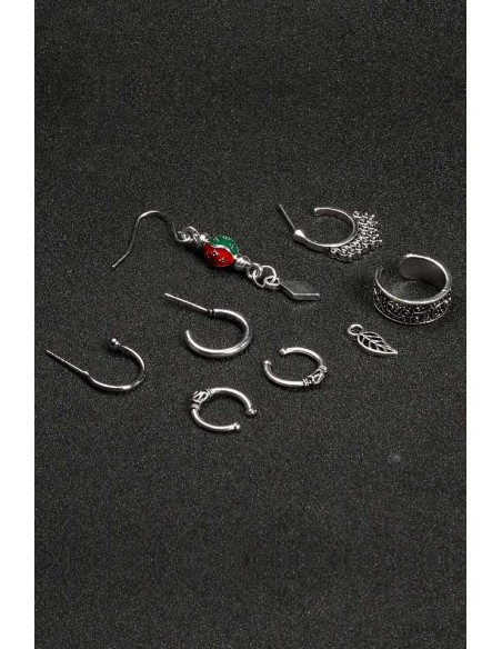 Set cercei si ear cuff cu medalion rotund si romb, frunzulita si inel